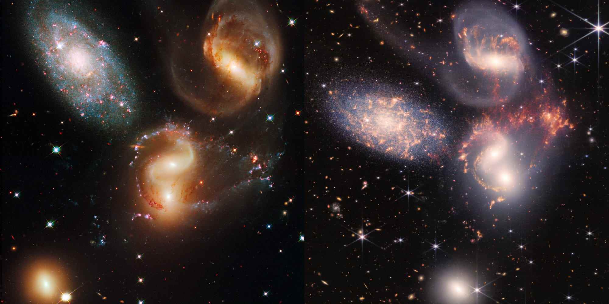Cluster aus fünf Galaxien Stephans Quintett, aufgenommen von Hubble links und jwst rechts
