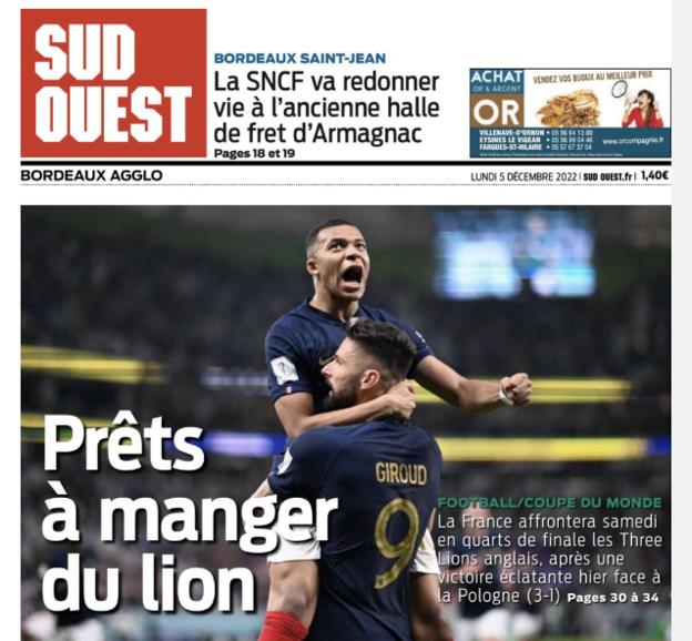 Die Titelseite von Sud Ouest mit einem Bild von Kylian Mbappe und den Worten "Bereit, einen Löwen zu essen"