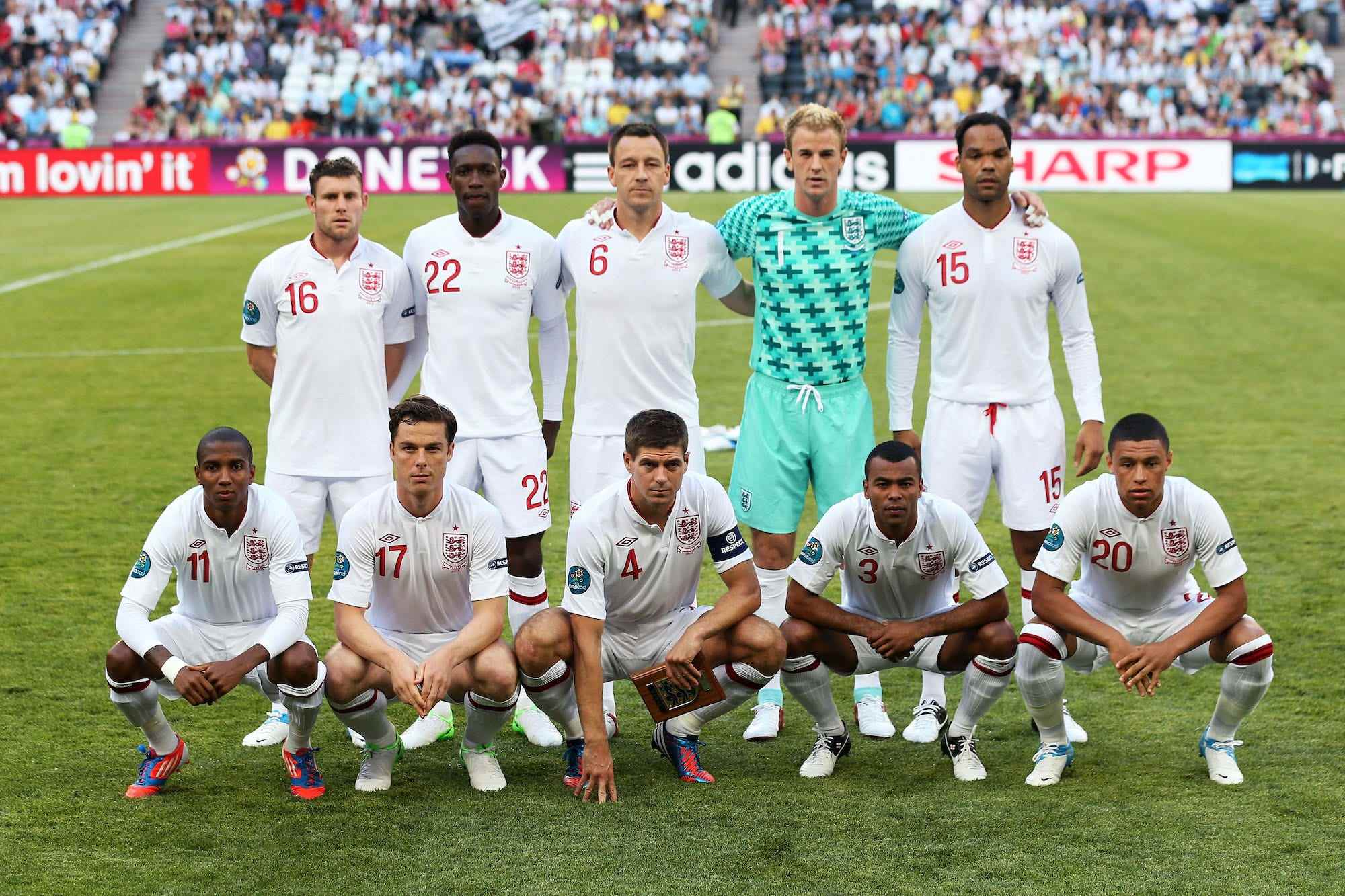 Die England-Teamanordnung während der Abgleichung der Gruppe D der UEFA-EURO 2012 zwischen Frankreich und England an der Donbass-Arena am 11. Juni 2012 in Donetsk, Ukraine.