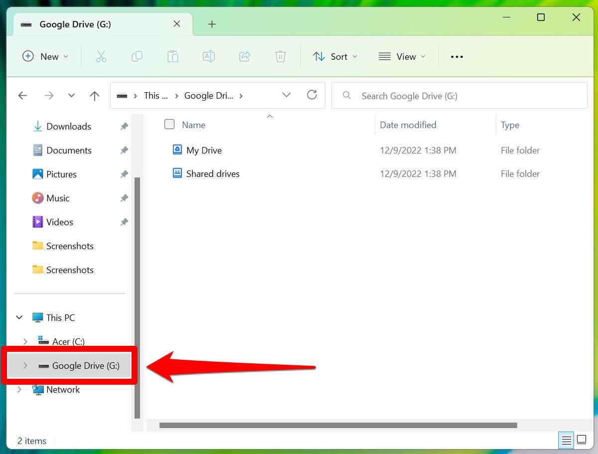 Google Drive im Datei-Explorer von Windows 11.