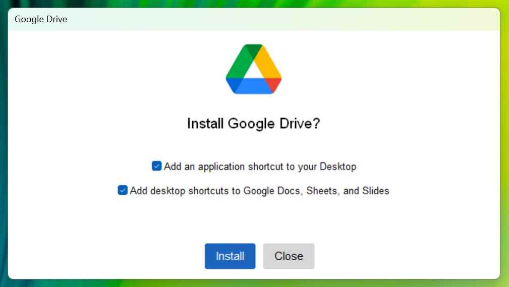 Der Installationsbildschirm für die Google Drive-App auf einem Windows 11-PC.