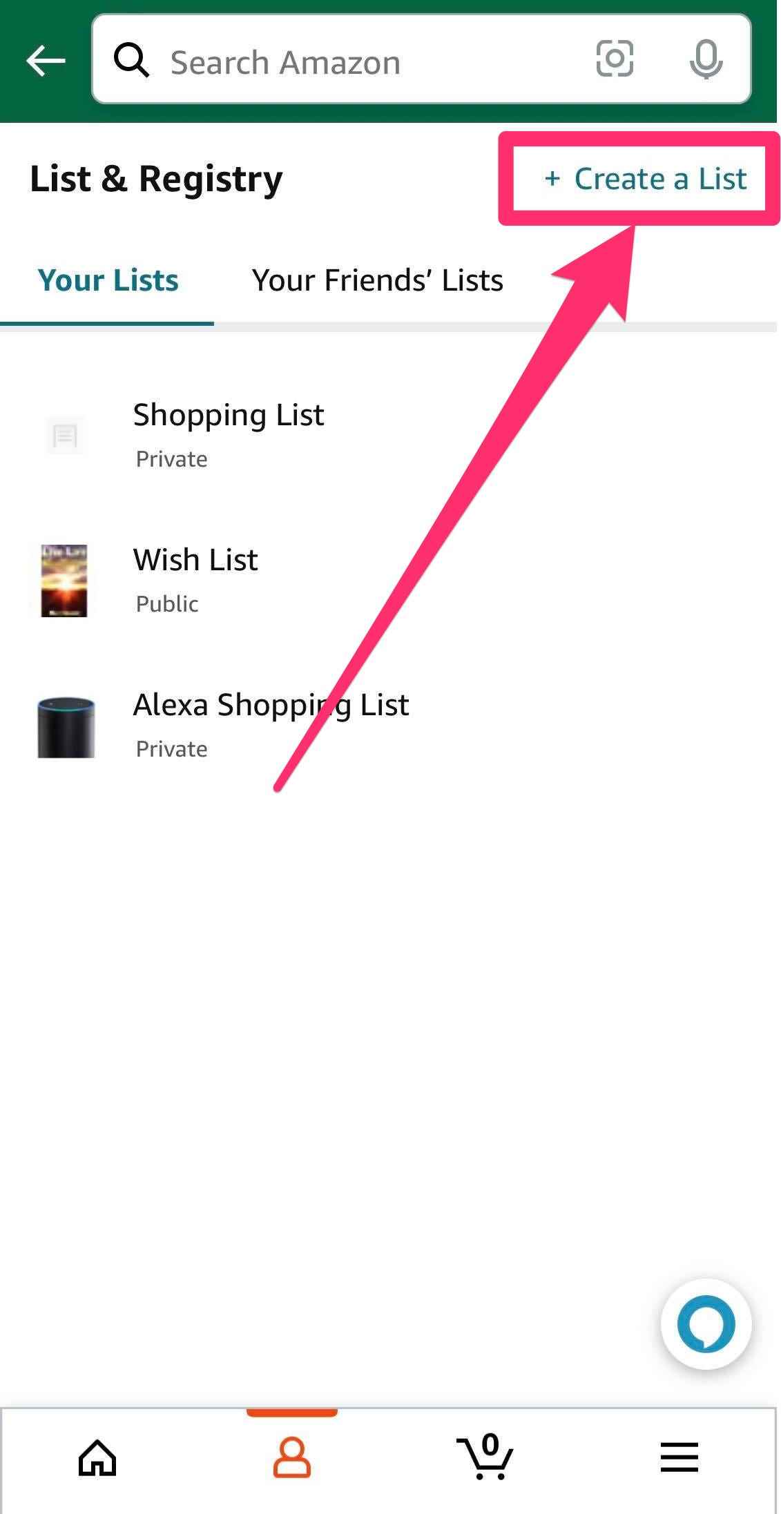 Die Seite „Ihre Listen“ in der Amazon-App mit hervorgehobener Option „Liste erstellen“.