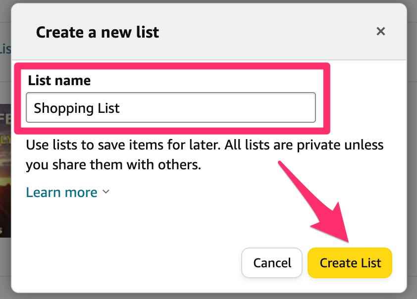 Die Seite zum Erstellen einer Liste auf der Amazon-Website, wobei die Schaltfläche „Liste erstellen“ im Popup zum Erstellen einer Liste hervorgehoben ist.