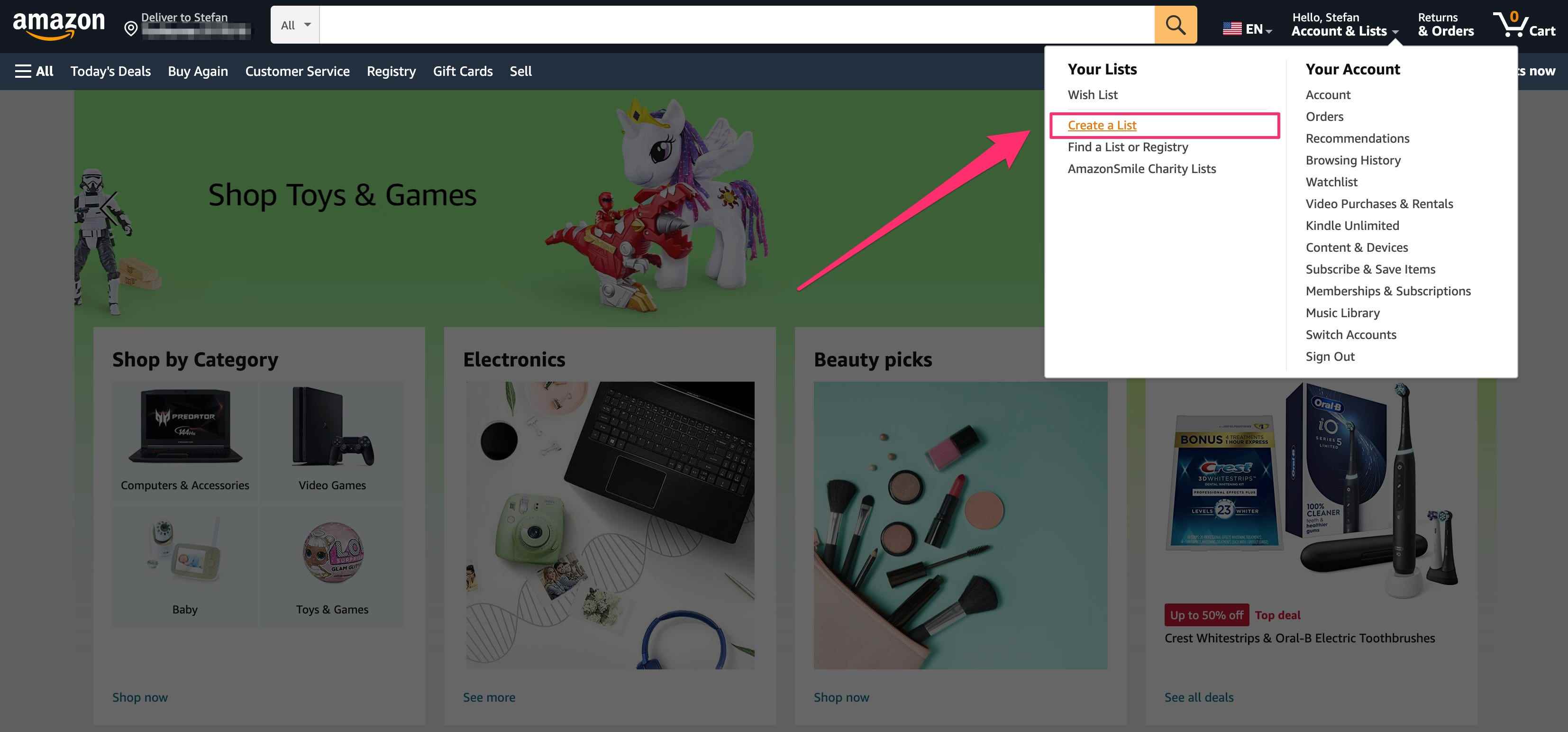 Die Amazon-Website, wobei die Option „Liste erstellen“ im Menü hervorgehoben ist, das angezeigt wird, wenn Sie mit der Maus über „Konten und Listen“ fahren.