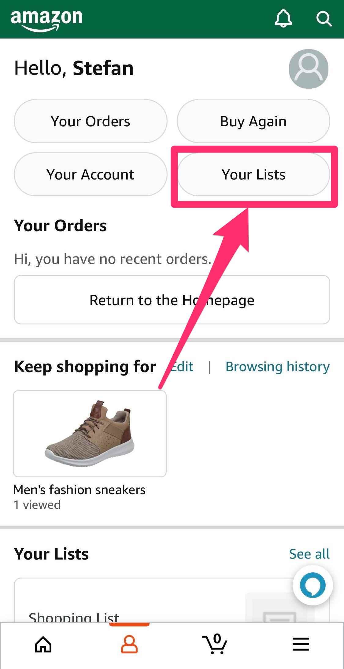 Die Kontoseite der Amazon-App mit hervorgehobener Option „Ihre Listen“.