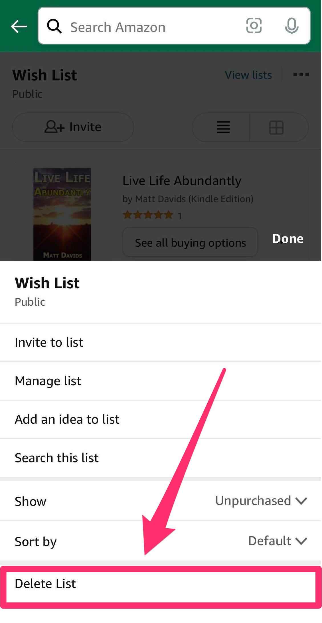 Das Pop-up, das erscheint, wenn Sie in der Amazon-App auf das Drei-Punkte-Symbol einer Liste tippen.