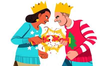 Ein Paar mit Weihnachtsmützen streitet sich über einen Cracker-Cartoon