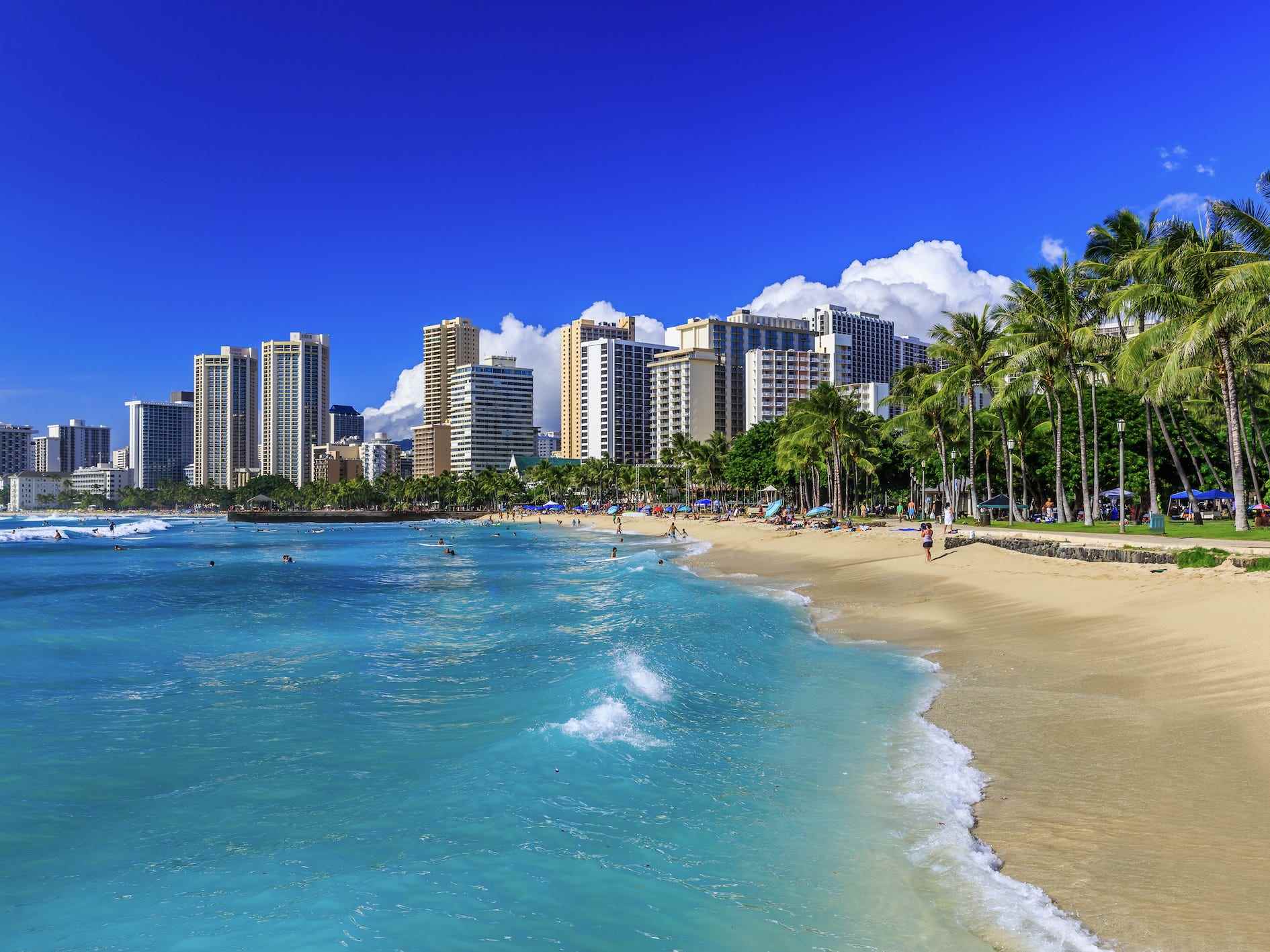 Ein Blick auf Honolulu vom Strand mit Gebäuden und Palmen