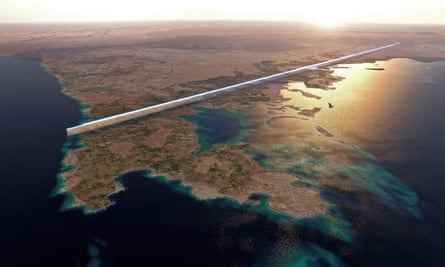 Der Entwurfsplan für die 500 Meter hohen parallelen Strukturen, die zusammen als die Linie bekannt sind, im Herzen der Megacity Neom am Roten Meer, Saudi-Arabien.