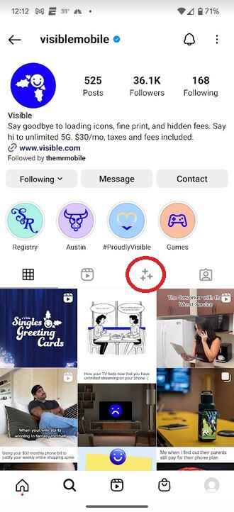 Visibles Instagram-Profilseite.  Tippen Sie auf das eingekreiste Symbol - Die neue Promo von Visible Mobile macht Singles "sichtbarer"  für die Ferien