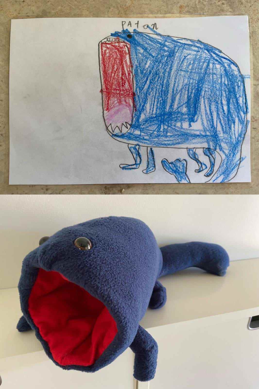 Eine Zeichnung eines Monsters und das Monster, das zu einem Spielzeug gemacht wurde, das genau so aussieht