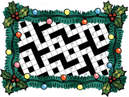 Illustration eines Kreuzworträtselrasters in einem Rahmen aus Stechpalmen- und Weihnachtsbeleuchtung