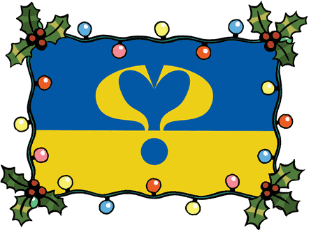 Abbildung von.  Ukraine-Flagge mit zwei Fragezeichen, die ein Herz in der Mitte bilden, und einem Stechpalmen- und Weihnachtslichtrahmen