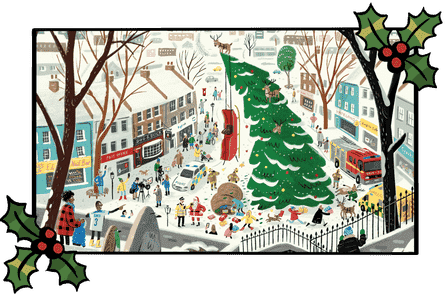 Cartoon der Weihnachtsszene, mit Baum und Käufern
