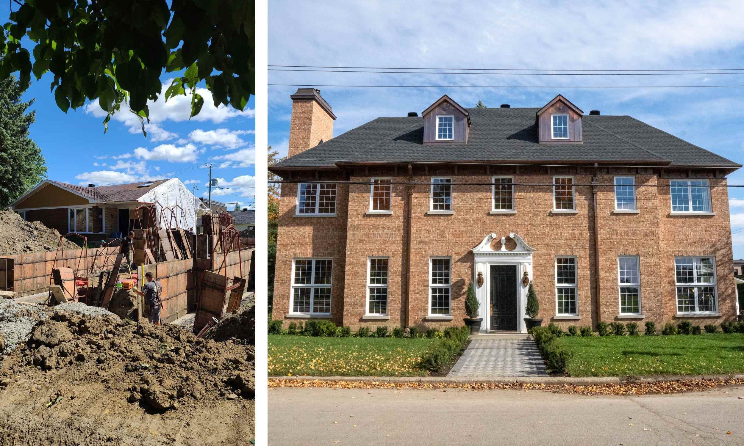 Links: Heberts altes Haus mit Beginn der Grundsteinlegung für das erweiterte Haus.  Rechts: Das georgianische Herrenhaus jetzt.