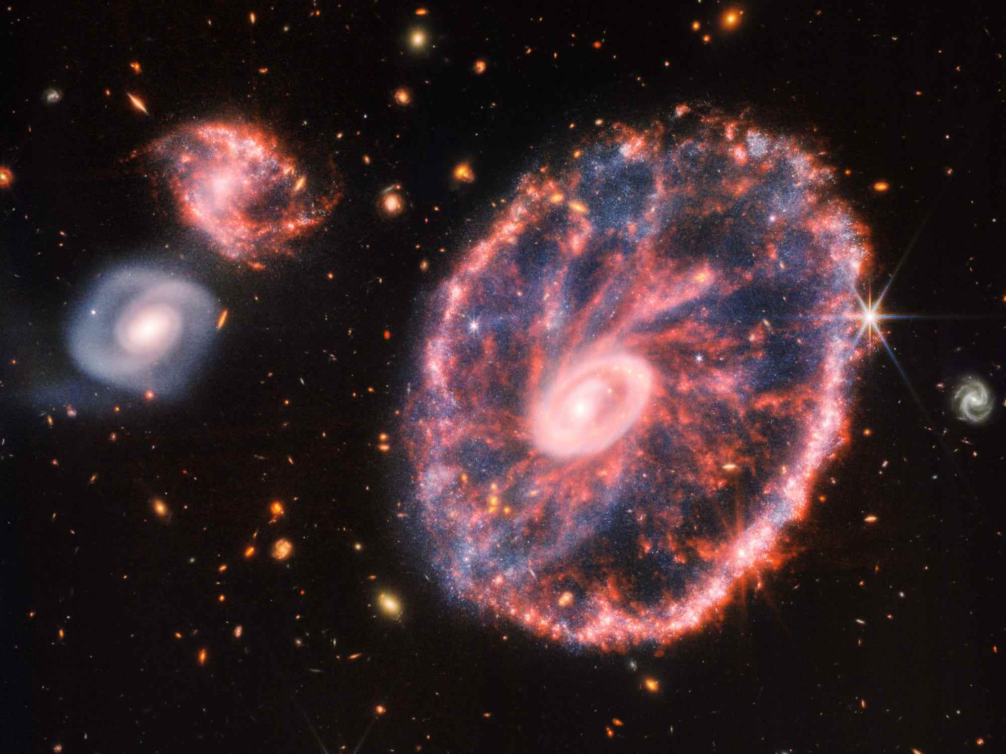 Das James Webb Space Telescope hat eine Momentaufnahme der Cartwheel Galaxy aufgenommen, die etwa 500 Millionen Lichtjahre von der Erde entfernt ist.
