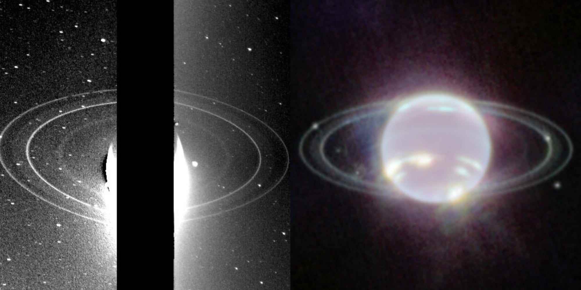 Links ein Bild von Neptuns Ringen, aufgenommen von Voyager 2 im Jahr 1989. Rechts ein Infrarotbild von Neptuns Ringen, aufgenommen von Webb.