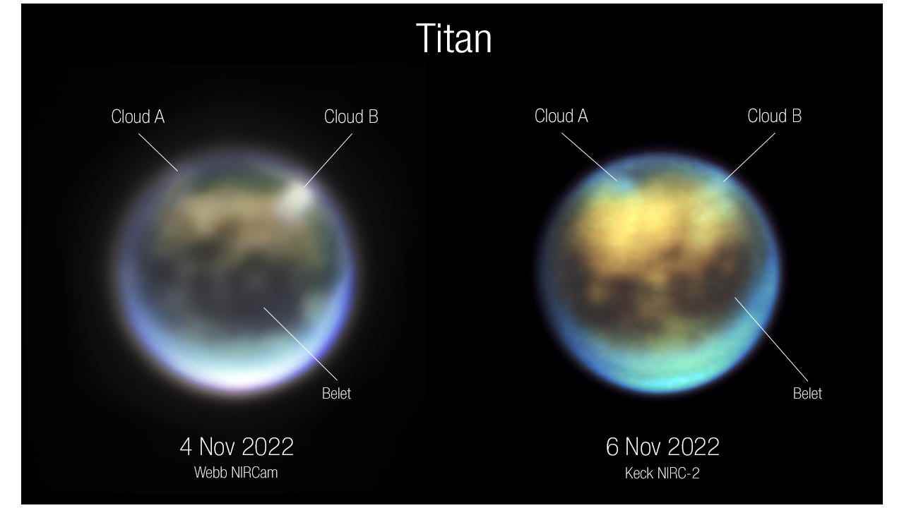 Wolkenentwicklung auf Titan über 30 Stunden zwischen dem 4. und 6. November 2022, gesehen von Webb NIRCam (links) und Keck NIRC-2 (rechts).