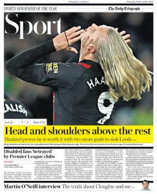 Die Rückseite des Telegraph vom Donnerstag mit einem Bild von Erling Haaland, der sich die Haare streicht, und den Worten „Er ist Kopf und Schultern über den anderen“.