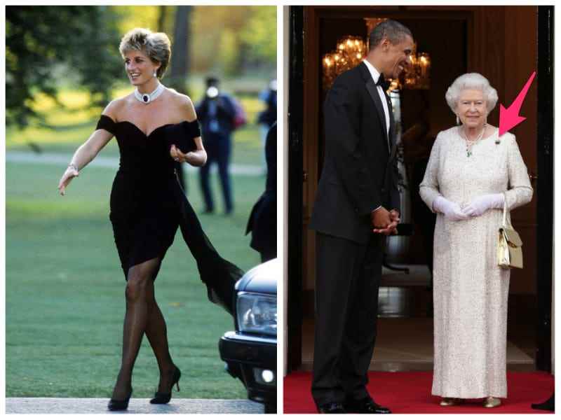 Links: Prinzessin Diana in ihrem „Rachekleid“.  Rechts: Queen Elizabeth trägt eine Brosche, die ihr die Obamas geschenkt haben.