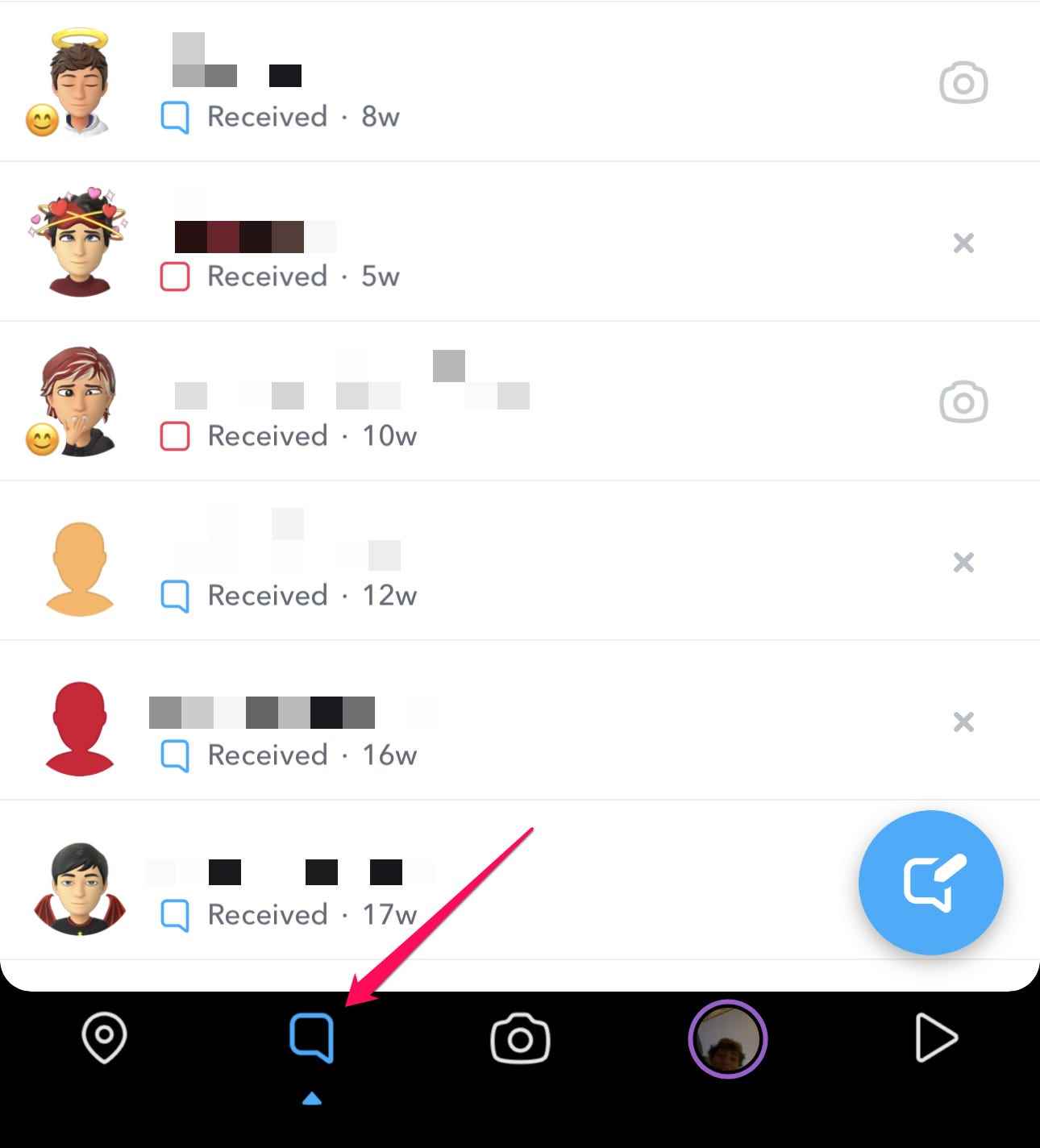 Der Chat-Tab in Snapchat für iOS.