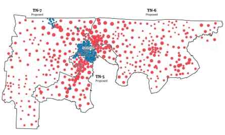 Eine Karte von drei Kongressbezirken in Tennessee, die manipuliert wurde, um einen früheren demokratisch geprägten Bezirk aufzuteilen.