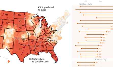 Zusammengesetztes Bild einer Karte mit Abtreibungswüsten und einem Diagramm der Entfernungsänderungen zum nächstgelegenen Abtreibungsanbieter.