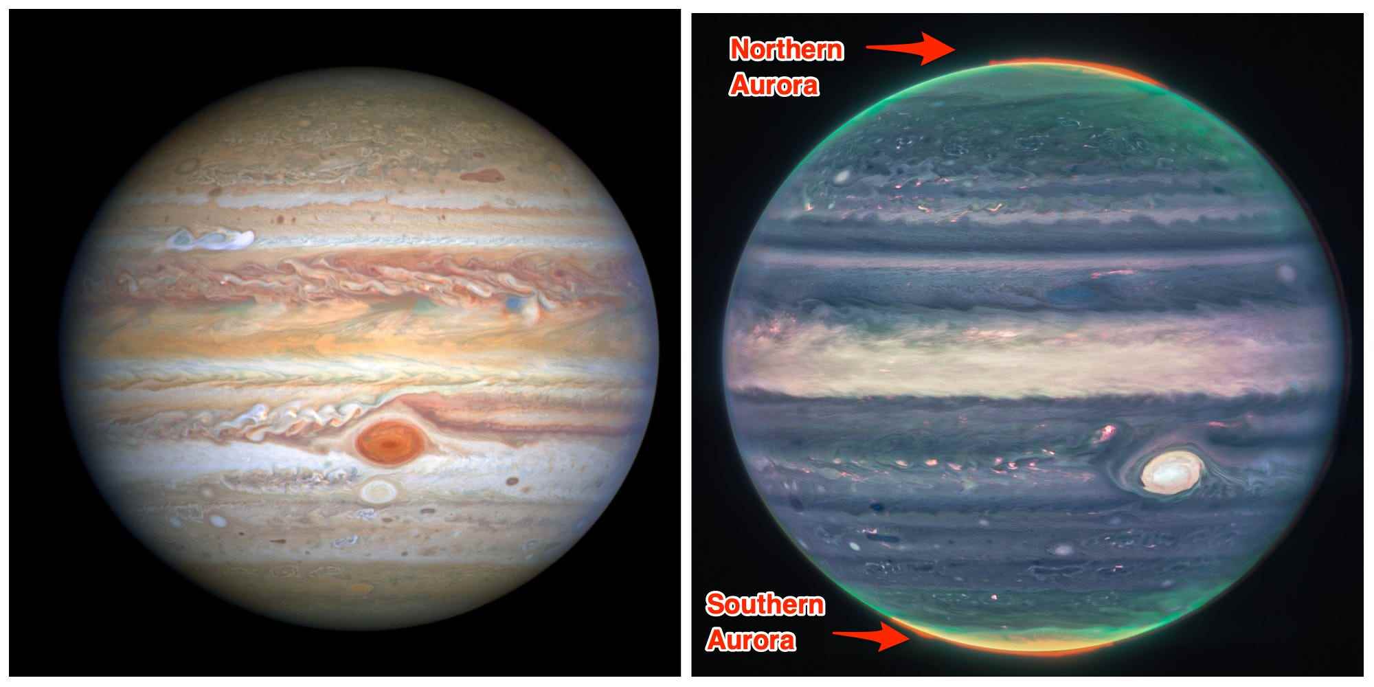 Hubble-Bild von Jupiter (links) JWST-Bild von Jupiter (rechts)