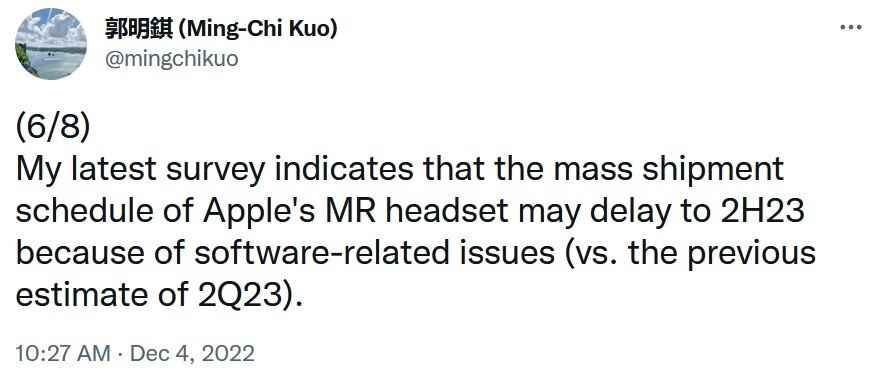 Ming-Chi Kuo verschiebt seinen erwarteten Zeitrahmen für die Veröffentlichung von Apples Mixed-Reality-Headset – Kuo sieht Apples Headset auf die zweite Hälfte des Jahres 2023 verzögert;  Enormer Lieferrückgang erwartet
