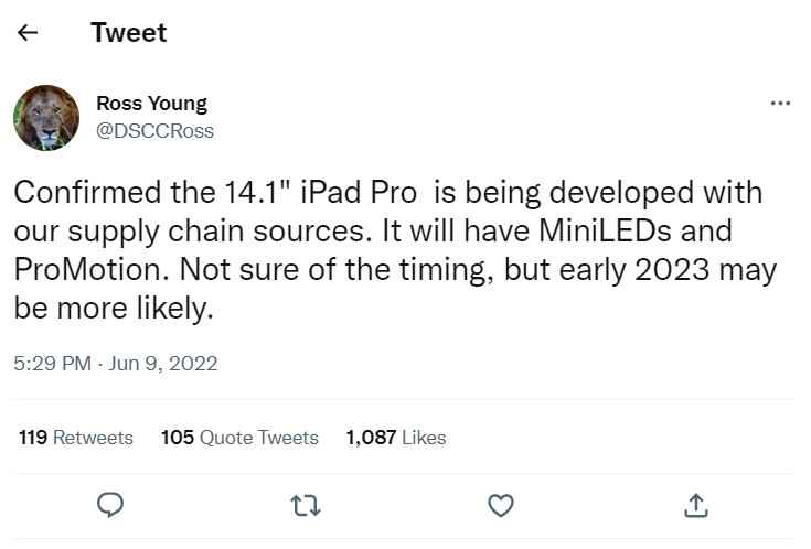 Youngs Original-Tweet vom Juni (nicht mehr gültig) - Sorry!  Laut Brancheninsidern wird es in absehbarer Zeit kein 14-Zoll-iPad geben