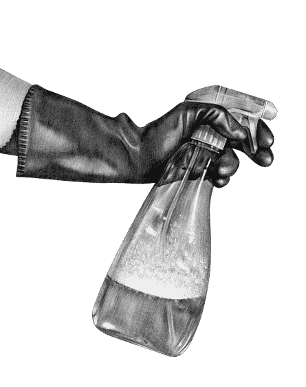 Illustration einer Hand in einem Gummihandschuh, der eine Essigsprühflasche hält