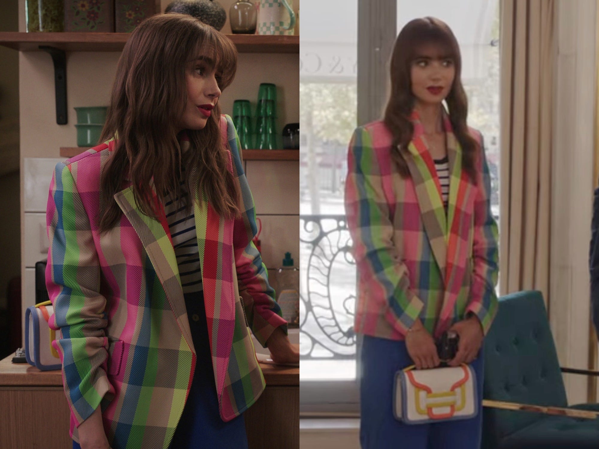 Lily Collins trägt in „Emily in Paris“ einen mehrfarbigen Blazer.