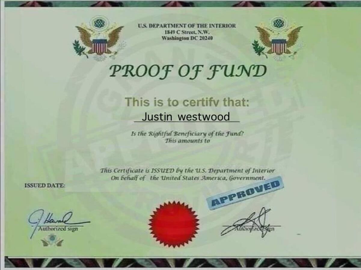 Ein Screenshot eines Bildes, das Westwood an seine Mutter schickte, das ihm als „Beweis“ geschickt wurde, dass er Geld erhalten würde