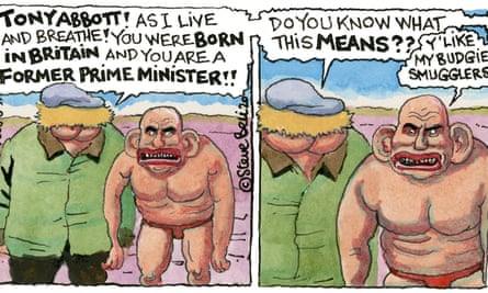 Ein Cartoon, der den australischen Premierminister Tony Abbott in Wellensittich-Schmugglern-Badewannen zeigt