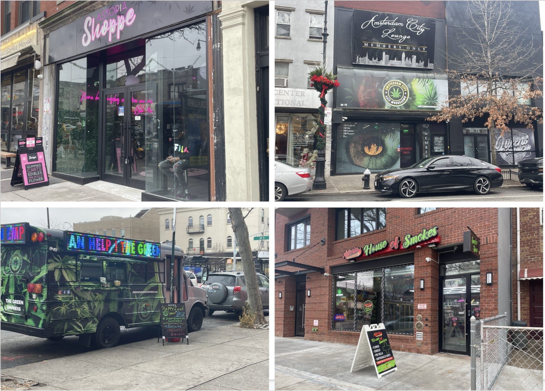 Ein zusammengesetztes Bild von vier verschiedenen Ladenfronten für vier Freizeit-Cannabis-Apotheken in Astoria, New York.