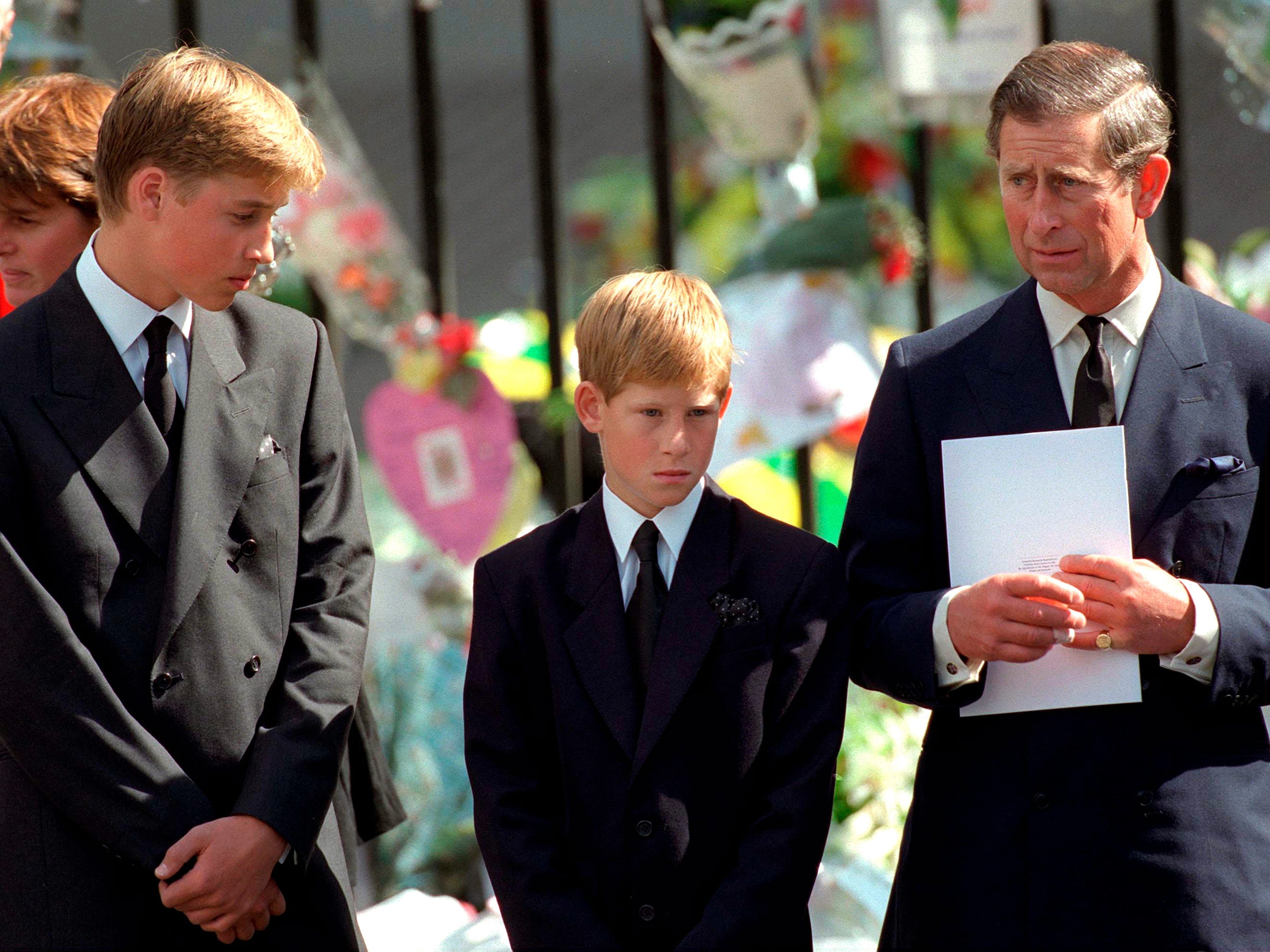 König Charles mit Prinz William und Prinz Harry bei der Beerdigung von Prinzessin Diana 1997