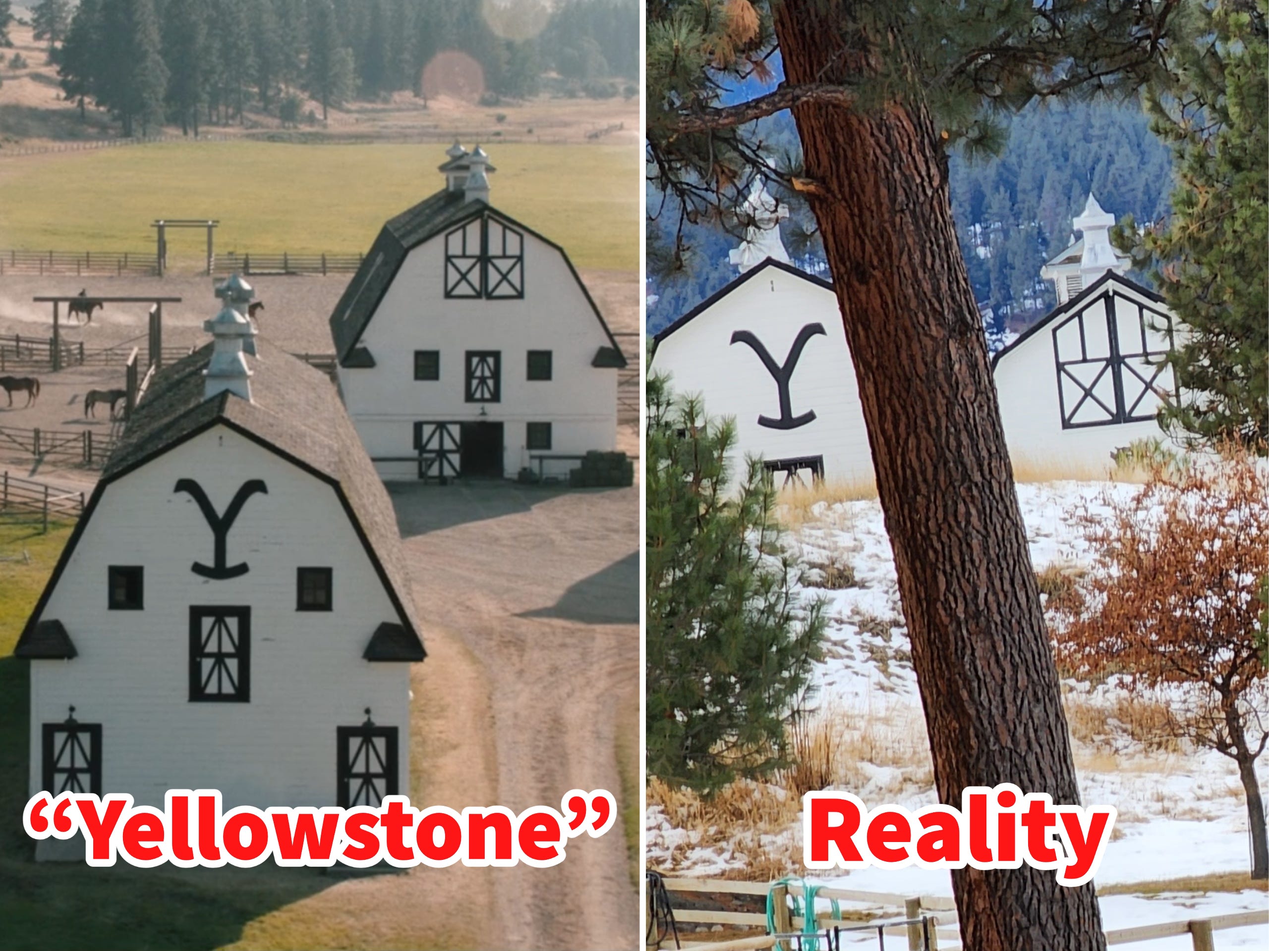 Fotos nebeneinander zeigen die Dutton Ranch in „Yellowstone“ und im wirklichen Leben.