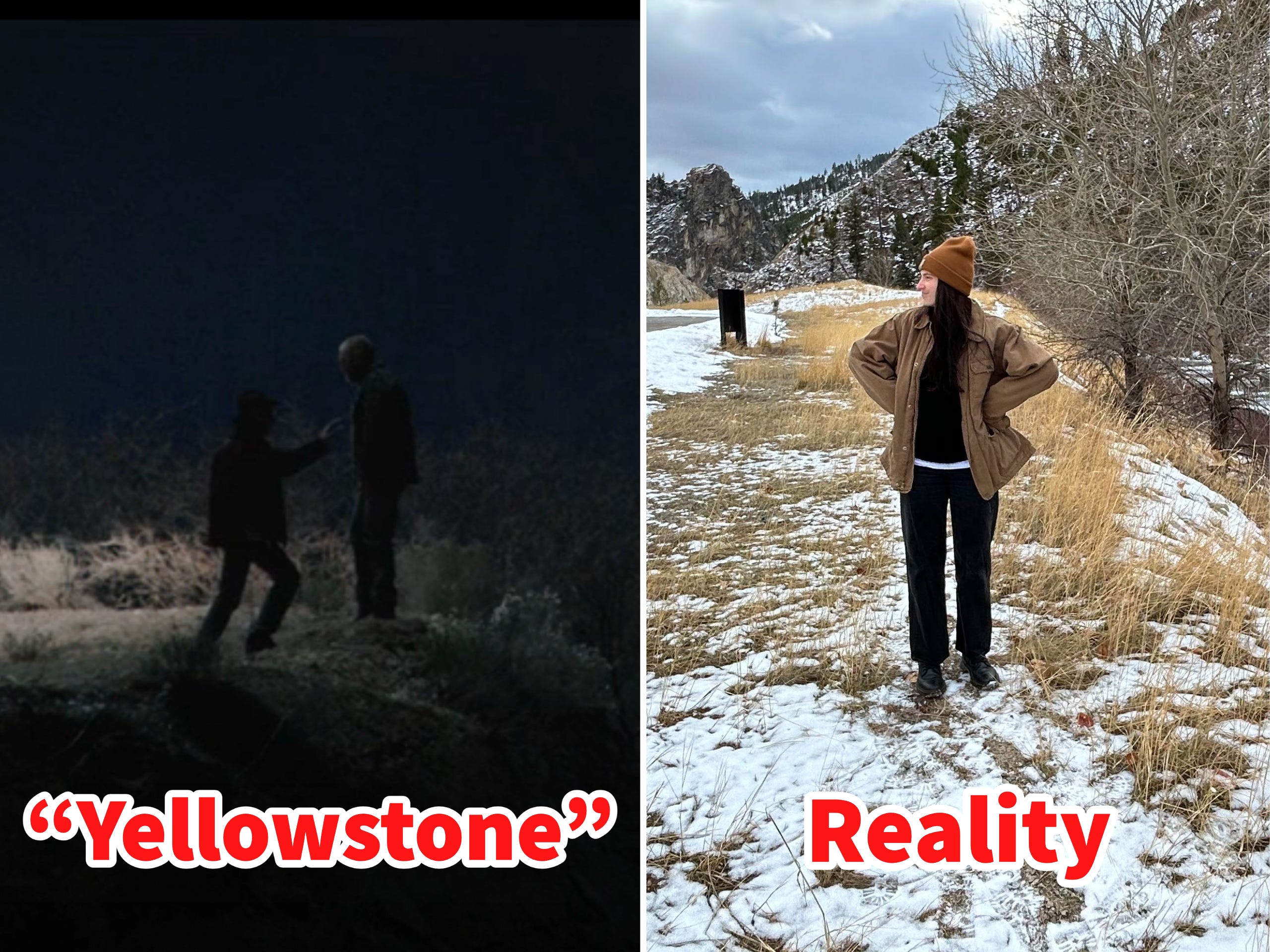 Fotos nebeneinander zeigen den „Bahnhof“ in „Yellowstone“ und im wirklichen Leben.