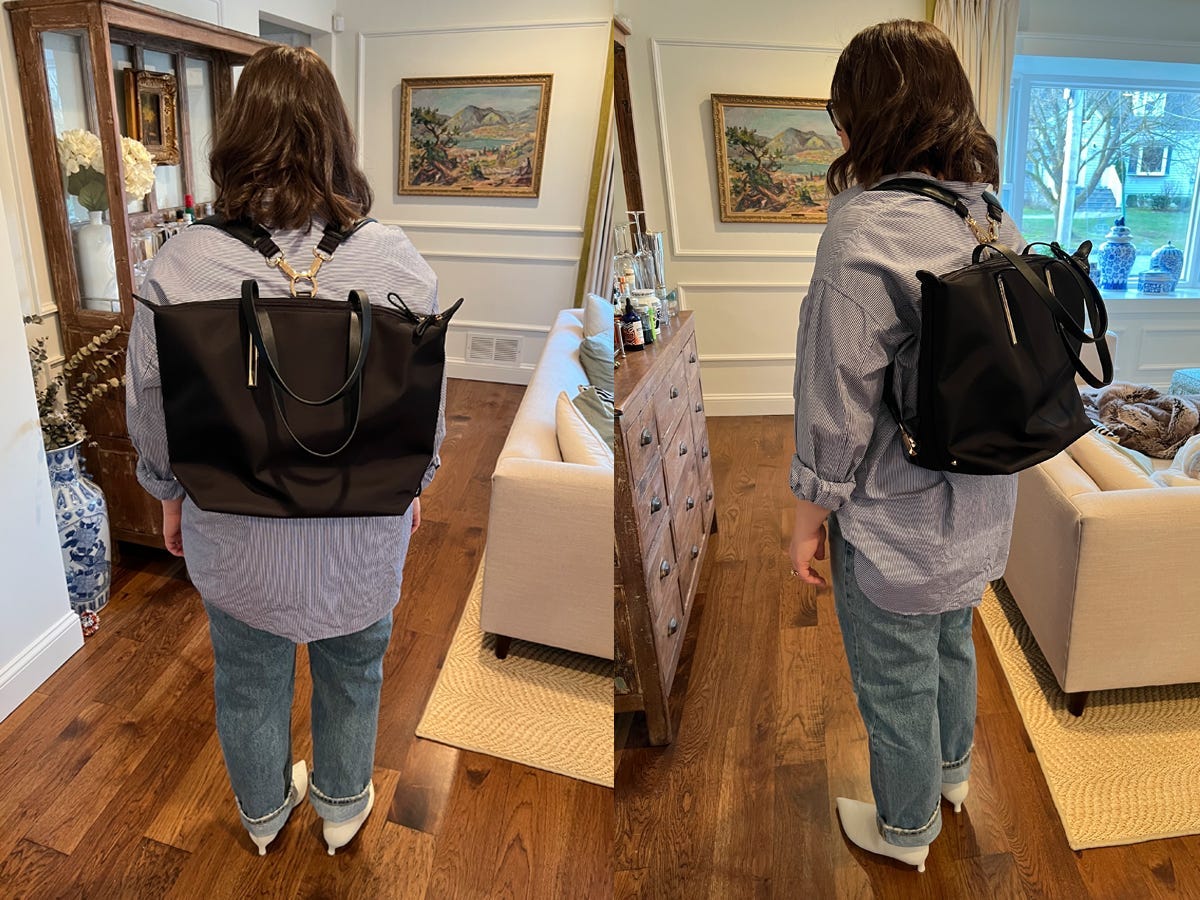 Bilder nebeneinander von Frauen, die die Caraa Convertible Work Bag als Rucksack tragen