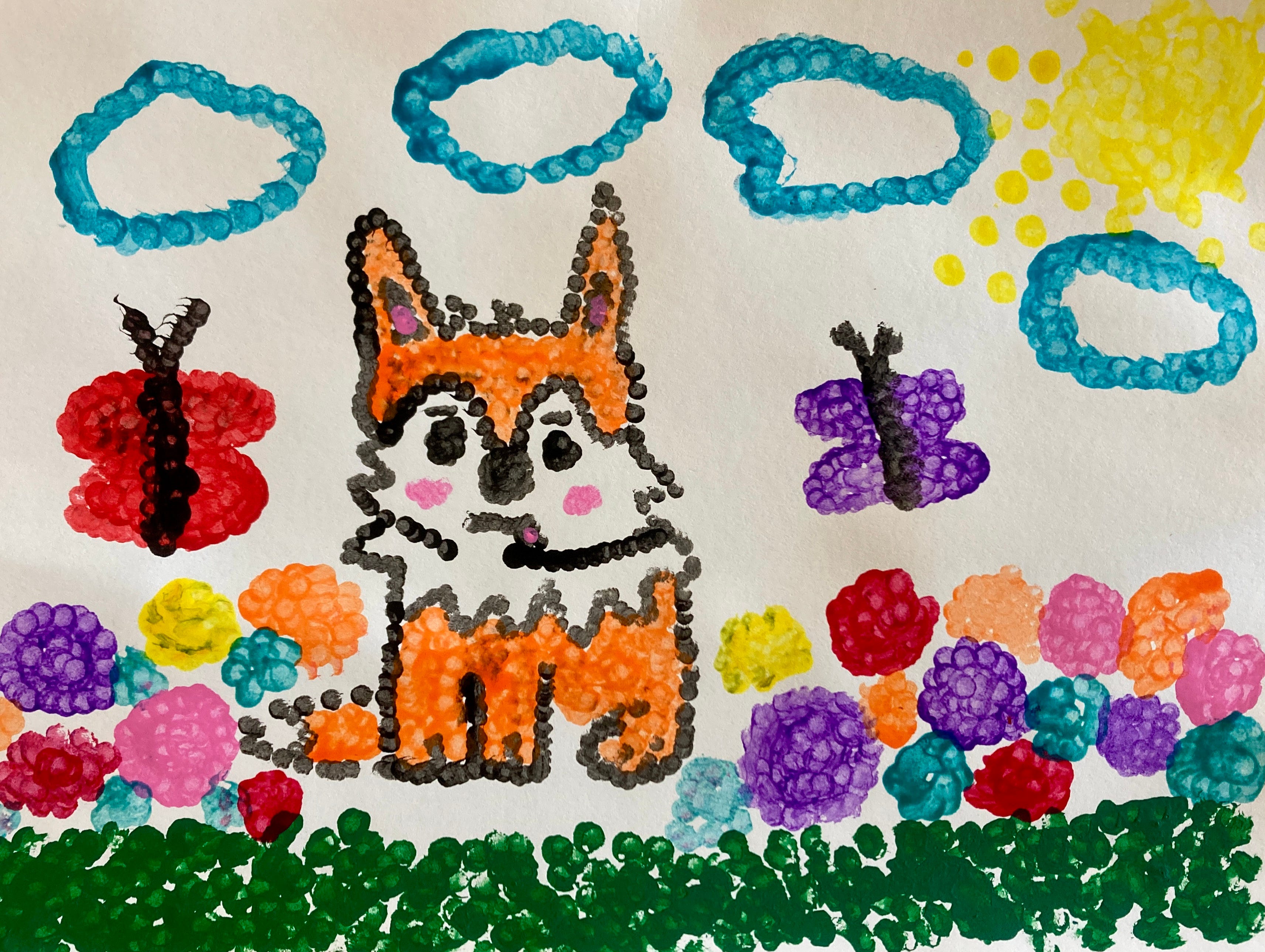 Ein farbenfrohes Kunstwerk eines Fuchses auf einem Gebiet.