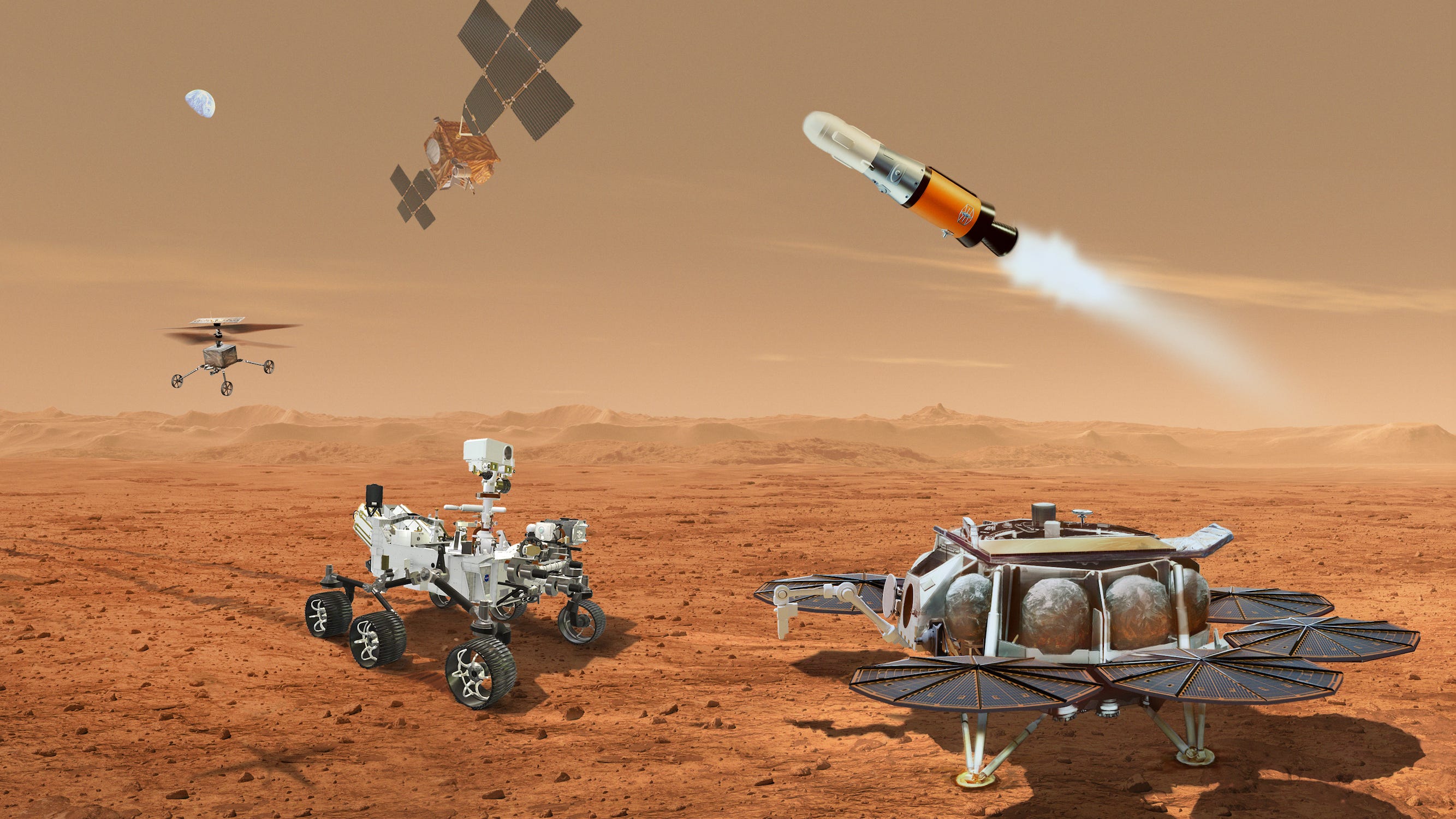 abbildung zeigt lander rover hubschrauber orbiter und mini-rakete auf dem mars