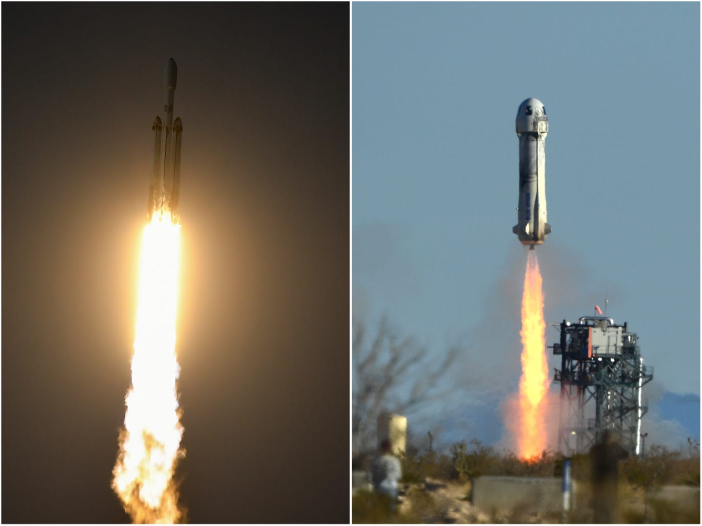 Eine SpaceX Falcon Heavy-Rakete startet neben dem Bild des Blue Origin-Starts