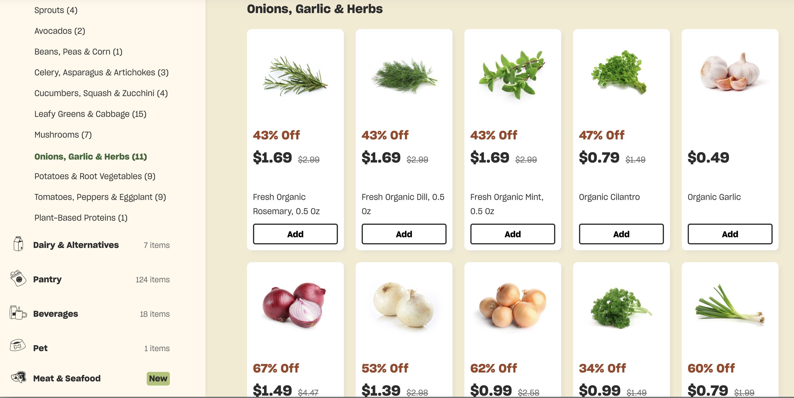 Screenshot des Zwiebel- und Kräuterbereichs des Online-Lebensmittellieferdienstes von Misfits Market
