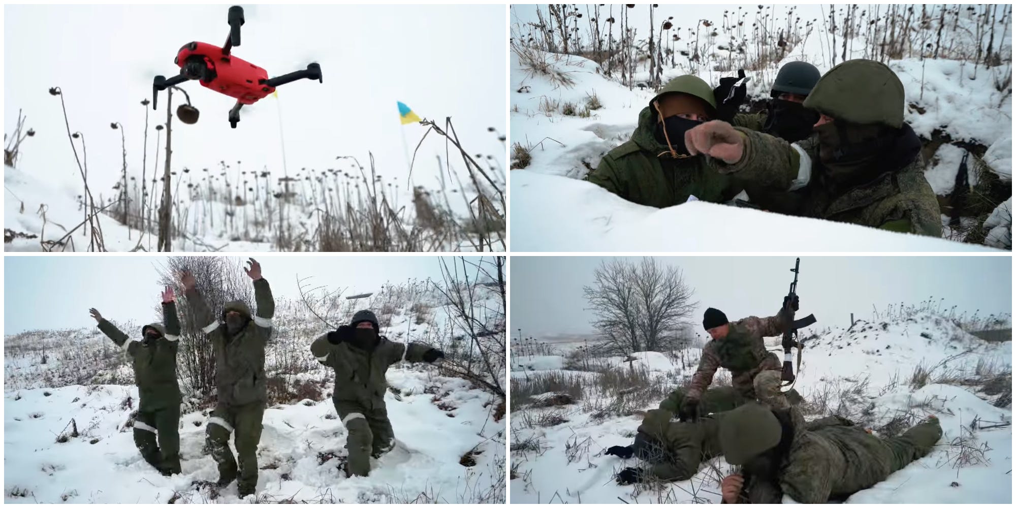 Vier Standbilder aus einem Lehrvideo, das am 12. Dezember 2022 von den Streitkräften der Ukraine herausgegeben wurde und russischen Soldaten zeigt, wie sie sich einer Drohne ergeben.  Drei uniformierte Männer in einer verschneiten Landschaft heben die Hände und folgen einem kleinen roten Quadcopter.