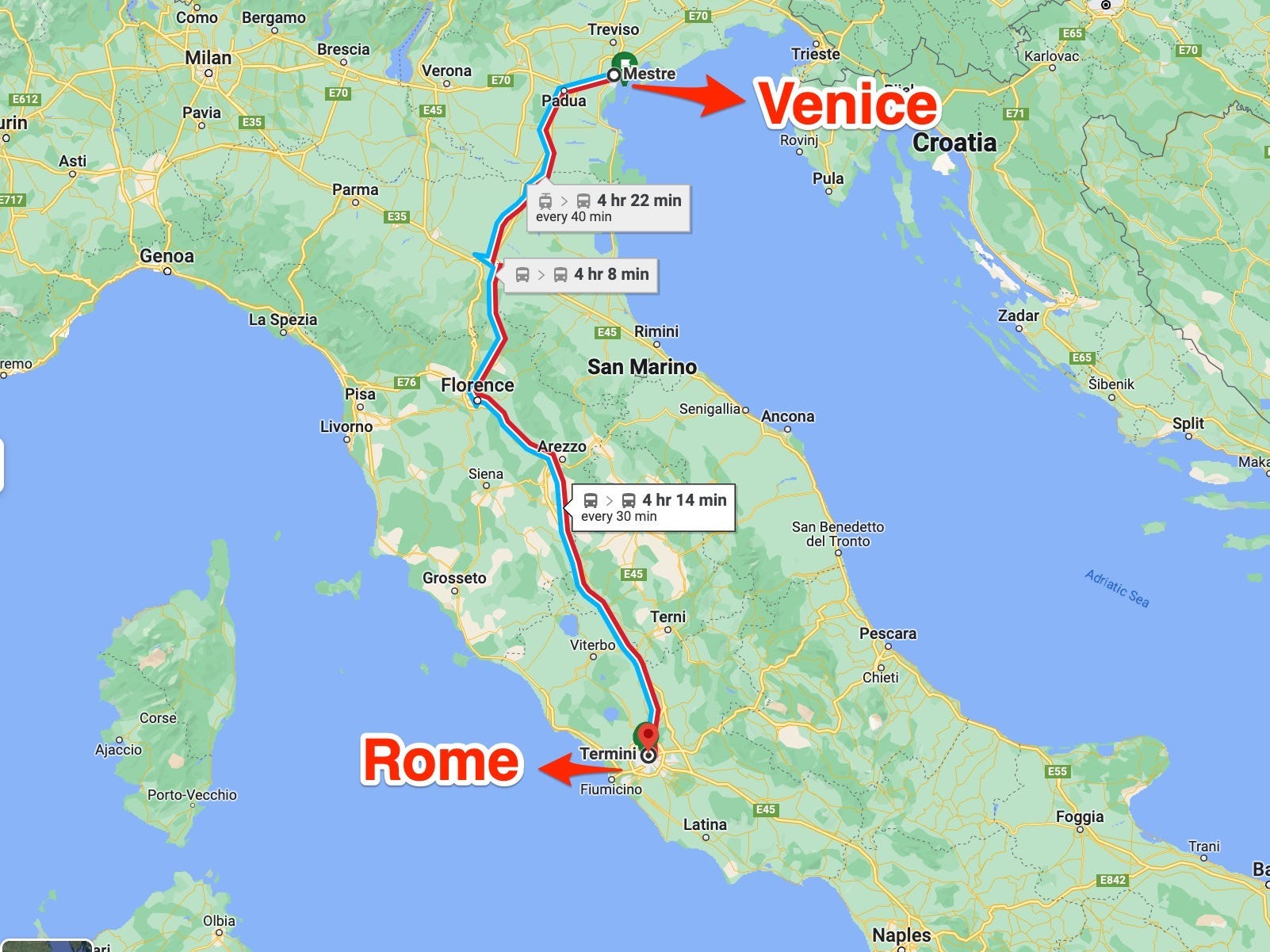 Eine Karte zeigt die Route von Venedig nach Rom