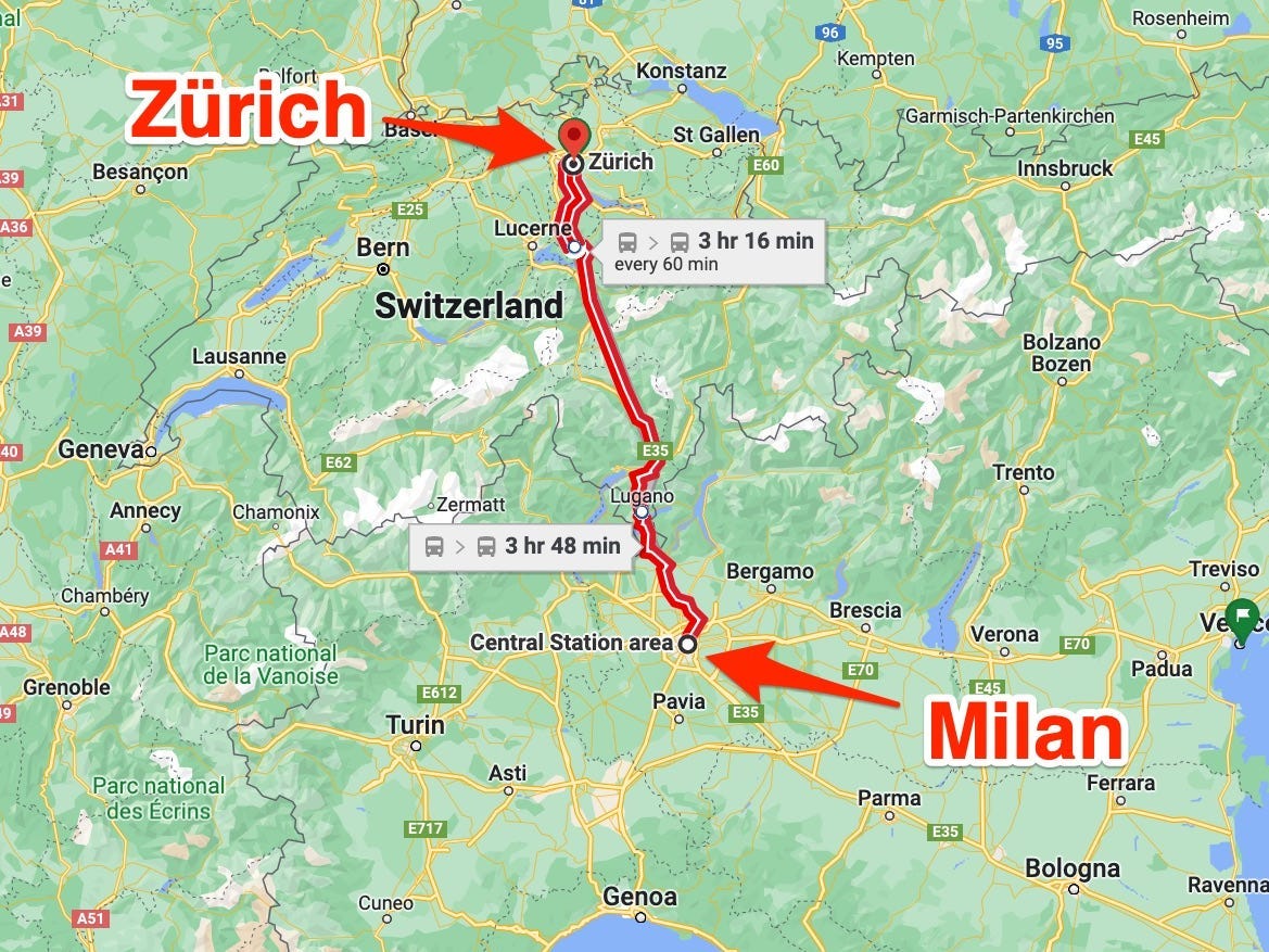 Karte zeigt die Route von Mailand nach Zürich