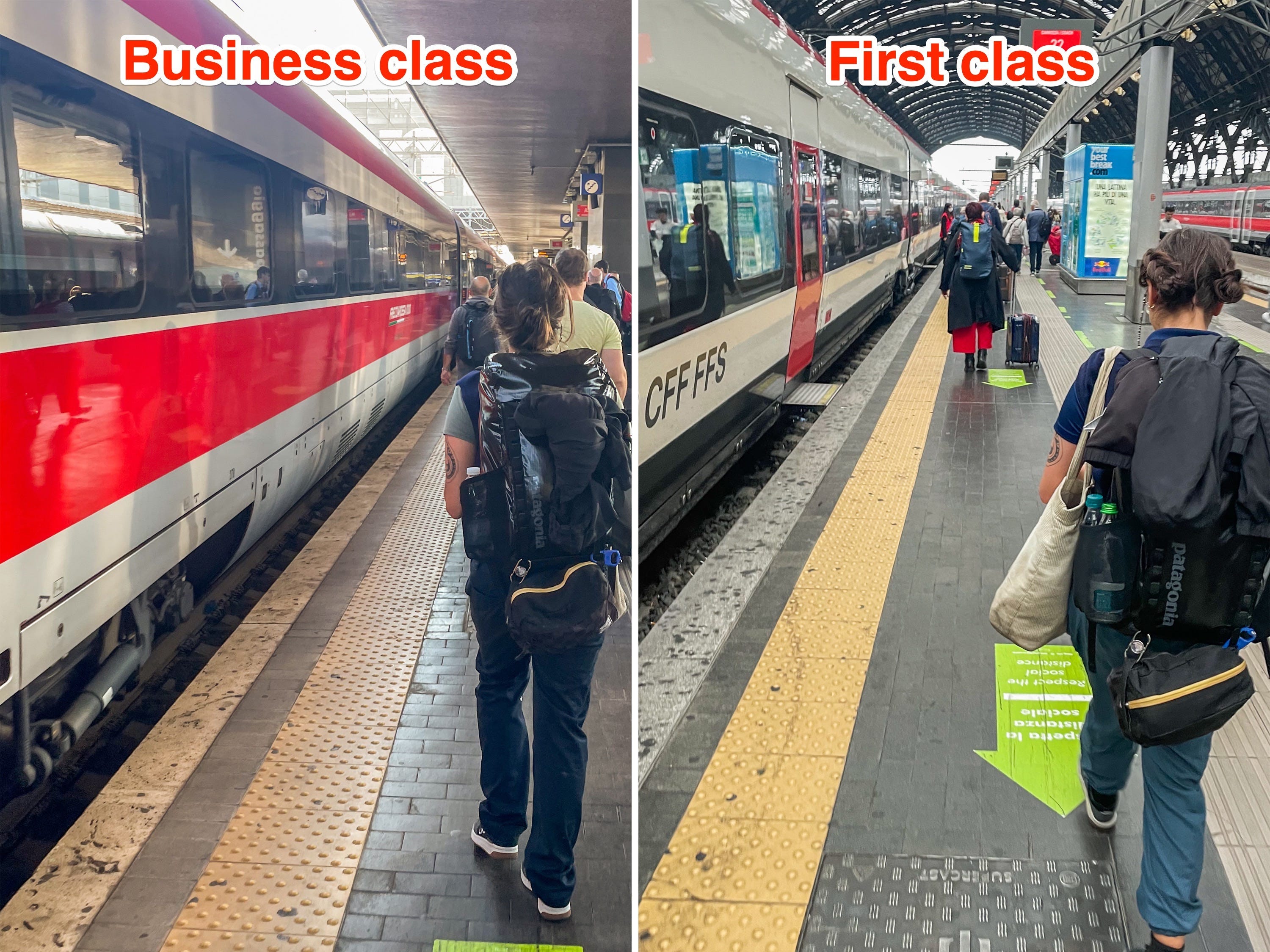 Der Autor fährt Trenitalia-Züge in der Business- (L) und First-Klasse (R).