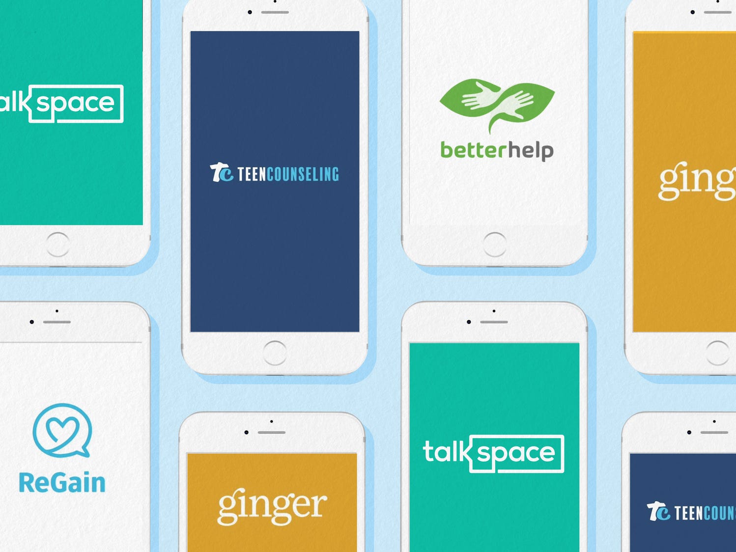 Collage aus Smartphones mit Logos der besten Online-Therapieanbieter auf ihren Bildschirmen, darunter TalkSpace, ReGain, TeenCounseling, Ginger und BetterHelp.