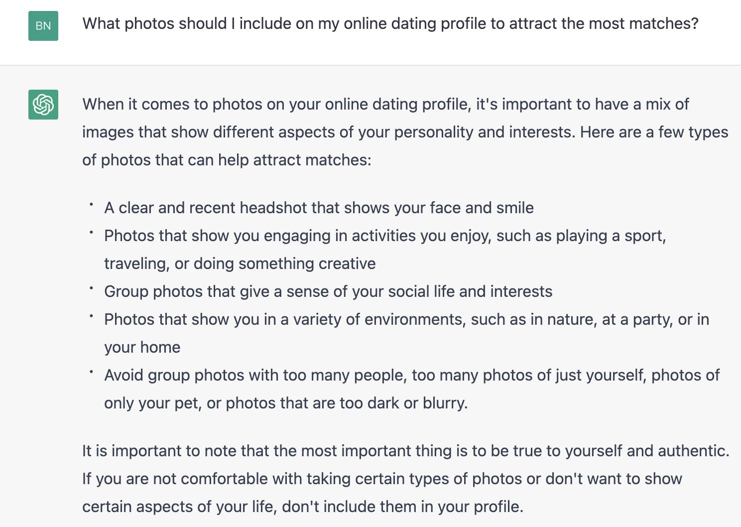 Screenshot der ChatGPT-Antwort auf „Welche Fotos sollte ich in mein Online-Dating-Profil aufnehmen, um die meisten Übereinstimmungen zu erzielen?“