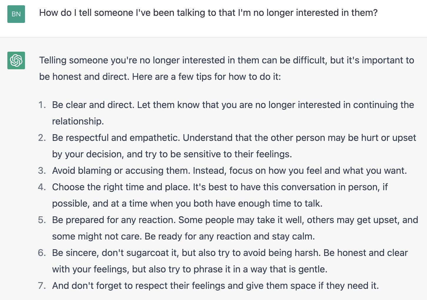 Screenshot der ChatGPT-Antwort auf „Wie sage ich jemandem, mit dem ich gesprochen habe, dass ich nicht mehr an ihm interessiert bin?
